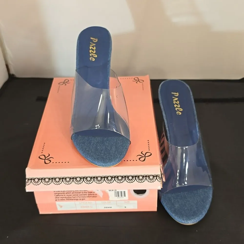 BRAND NEW PAZZLE RHINESTONE HEEL EMBROIDERED CLEAR  OPEN-TOE STRAP SANDAL